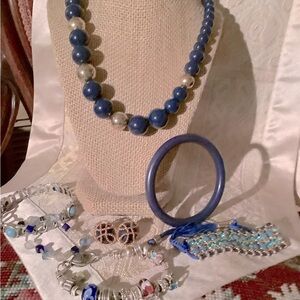 VINTAGE BLUE BEAD LONG NECKLACE, 5 UNIQUELY COOL BRACELETS,1 EARRING PAIR LOT